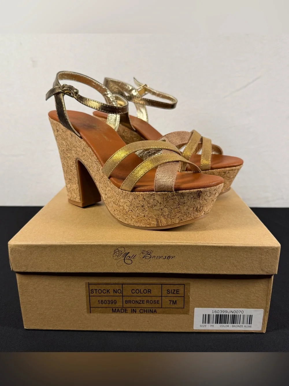 Matt Bernson Chunky Heel Bronze Rose Leather Cork Platform Sandals NIB Size 7